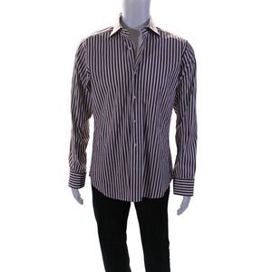 Luca Grimaldi Mens Button Up Collared Vertical Striped Shirt Red White Size 16